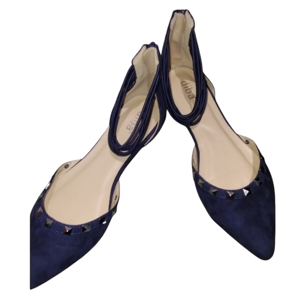 Diba navy blue sandals, flats, rope ankle studded trim, size 8.5